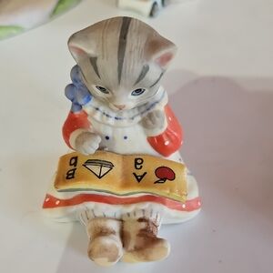 Porcelain Cat Figurine with Red Dress